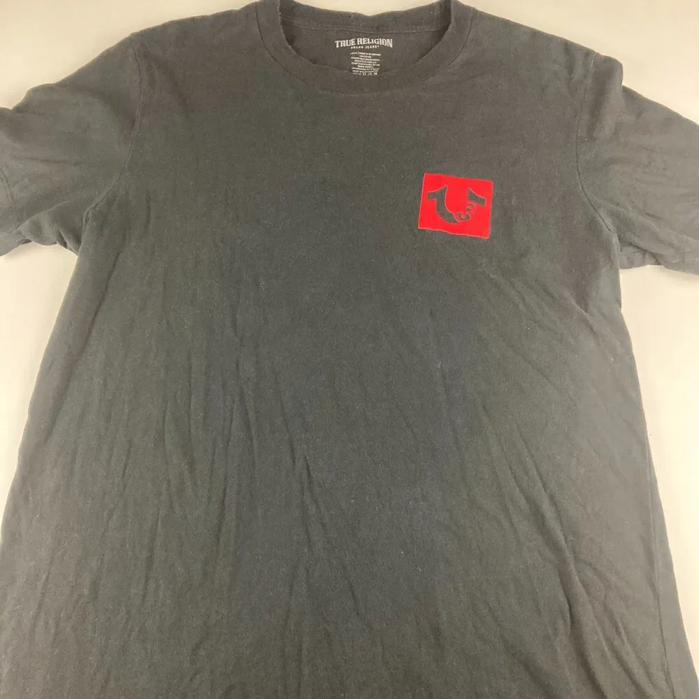 True Religion T Shirt Mens Large Black Red Logo Buddha Graphic Front Back Tee